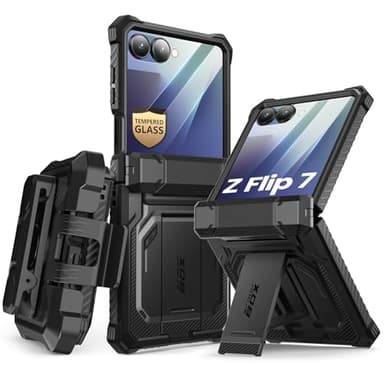 i-Blason for Samsung Galaxy Z Flip 7 Case with Stand [Front Tempered Glass Screen Protector] [Hinge Protection] [Belt-Clip] Full-Body Military Protection Case for Samsung Z Flip 7 Armorbox, Black