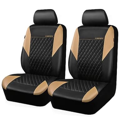 CAR PASS Quilting Leather Front Seat Covers, Automotive Waterproof Deluxe PU Premium Vinyl Luxury Two Front Seats Only Universal Fit for Cars Sedans SUVs Airbag Compatible,2 Pieces,Black&Beige