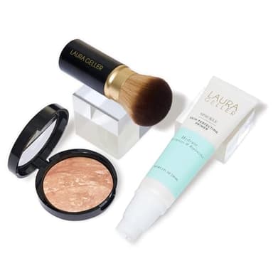 LAURA GELLER NEW YORK Laura's Must-Haves Kit 3pc: Baked Balance-n-Brighten Powder Foundation, Light + Spackle Skin Perfecting Makeup Primer, Hydrate + Airbrush Round Kabuki Brush