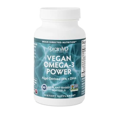 BRAINMD Dr Amen Vegan Omega-3 Power - 60 Plant-Based Softgels - 1,100 mg of EPA & DHA - Supports Focus, Memory & Heart Health - Vegan, Gluten Free & Non-GMO - 30 Servings