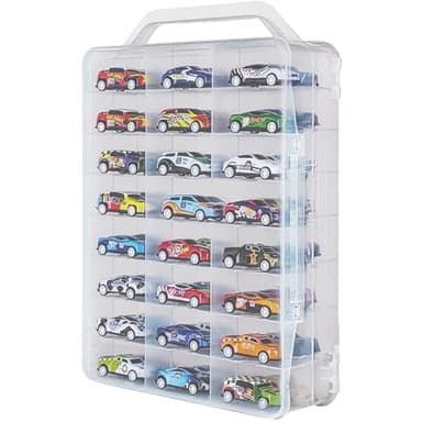 ZZFENGKR Portable Transparent Double Sided Storage Case - 48 Compartments for Toy Cars, Matchbox Cars, 1:64 Scale Model Cars, with Handle (Case Only)