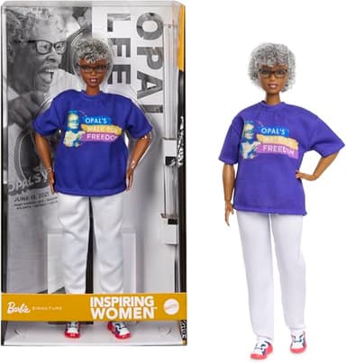 Barbie Inspiring Women Doll, Opal Lee Collectible in Blue “Opal’s Walk for Freedom” T-Shirt, White Pants and Glasses, Doll Stand and Displayable Packaging