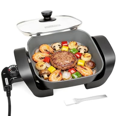 SugarWhisk 8-inch Ceramic Coated Electric Skillet with Lid, Non Stick Skillet Griddle Pan Electric, Rapid Heat Up, 650W, Breakfast Skillet, Kitchen Appliances for Cooking, Graphite