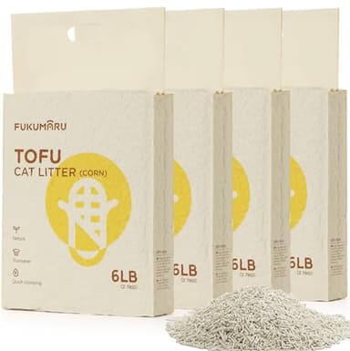 FUKUMARU Tofu Cat Litter - Corn Starch Blend, Flushable & Dust-Free, Quick Clumping, Superior Odor Control, Unscented, All-Natural, Low Tracking Pellets, Lightweight, 24 LBS (4 Packs)