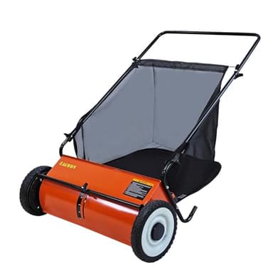 Push Lawn Sweeper, 26-Inch Width, 7 Cu. Ft. Hopper Capacity, 4 Spinning Brushes, Adjustable Height, Durable Steel Frame with Rubber Wheels, Orange