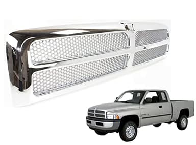 Front Grille Assembly Compatible With Dodge Ram 1500 Grill 1994-2002 / Ram 2500 3500 1994-2001 With Chrome Frame Shell With Chrome Honeycomb Mesh Insert (Except Sport Package)