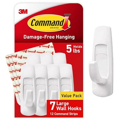 Command 5 lb Large Utility Hooks, 7 Wall Hooks and 12 Command Strips, Damage-Free Hanging with Adhesive Strips, No Tools for Hanging, Organization and Storage