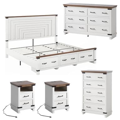 AMERLIFE 5-Piece Farmhouse Bedroom Set, Includes Wood Rustic King Bed Frame with 54" Tall Headboard, 6 Drawer Dresser Chests, 5 Drawers Tall Dresser, Nightstands Set of 2 with Charging Station, White