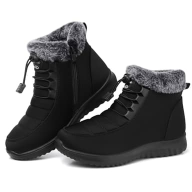 SHIBEVER Winter Boots for Women Snow: Black Fur Lined Warm Ankle Boots - Cold Weather Water Resistant Outdoor Zipper Snow Shoes Size 8