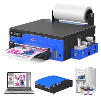 DXZ A4 DTF Printer with Roll Feeder-XP600 Doubled Printing Speed Compared to L1800 and L805,Built-in White Stirring System for DIY T-Shirt,2-Year Ink Included (A4 Printer+Oven+Laptop)