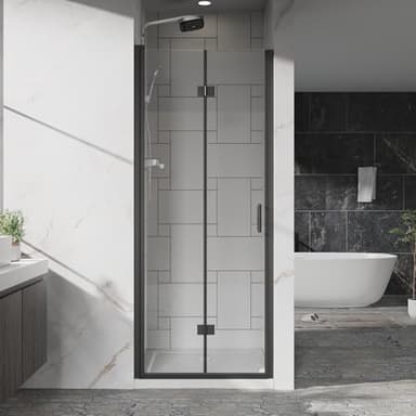 Frameless Bi-Fold Shower Door 30" W x 72" H, 1/4" Clear Tempered Glass, Folding Swing Design, Reversible Installation, Black Finish, Space-Saving Glass Shower Door for Small Bathrooms