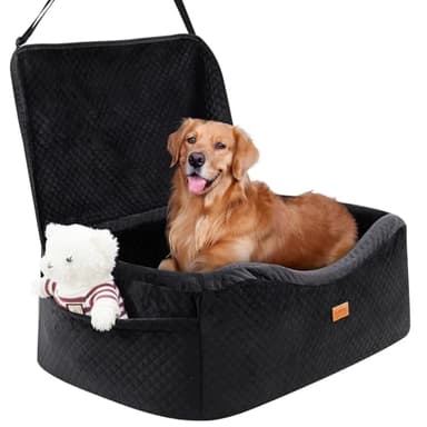 Dog Car Seat for Large Dogs up to 60 lbs or 2 Small Dogs with 4" Memory Foam, Back Seat Medium Pet Booster Seat with Triple Safety Belts, Adjustable Leashes, Detachable/Washable (Dark Black, Large)