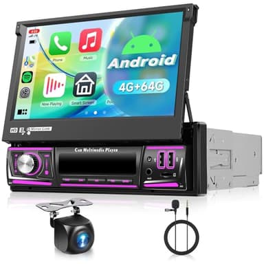4G+64G Android Car Stereo Single Din with Foldable Touchscreen Wireless Carplay&Android Auto, Driauto 7 Inch Flip Out Screen Car Radio GPS Navi WiFi Bluetooth FM/RDS DSP/USB/Mirror Link Backup Camera