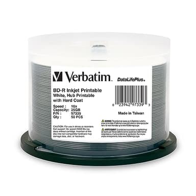 Verbatim BD-R 25GB 16X Blu-ray Recordable Media Disc DataLifePlus White Inkjet Hub Printable - 50pk Spindle - 97339