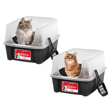 IRIS USA Large Open Top Cat Litter Box with High Sided Walls Tall Scatter Shield Scoop Included Easy Clean Plastic Pan Stain Resistant for Cats Kittens Indoor Multi-Cat Households 2-Pack Black