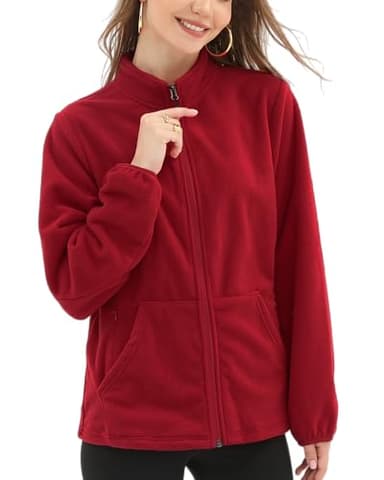 Argstar Fleece Jacket for Women, Lightweight Full Zip Classic Soft Casual Recreation Coat with Zipper Pockets Red L