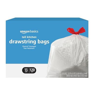 Amazon Basics Flextra Tall Kitchen Drawstring Trash Bags, 13 Gallon, 120 Count