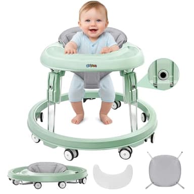 Wnttmt Baby Walker with Wheels, One-Touch Folding Portable Baby Walkers with Height Adjustment, Large Dinner Plate and Brake, Walker for Baby Boy Girls 6-18 Months, Green