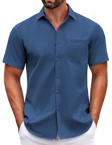 COOFANDY Men's Summer Lightweight Button Down Stretch Dress Shirts Vacation Beach Untucked No Iron Shirts Shirts Blue