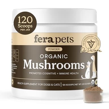 Fera Pets Mushroom Supplement for Dogs & Cats with Turkey Tail - USDA Organic - Cognitive and Immune Support - Enhances Liver Function - Supports a Healthy Gut - Powder - 120 Scoops