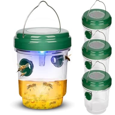 Wasp Traps Outdoor Hanging, Solar Bee Trap 4 Packs, 2025 Upgrade Wasp Deterrent Killer, Carpenter bee Catcher for Outside, Flying Insect Traps Reusable Yellow Jacket Hornet Catchers with LED Light