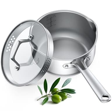 PekGema Stainless Steel Saucepan 2.5 Quart with Glass Strainer Lid, Thicken Tri-ply Full Sauce Pot, Two Side Spouts for Easy Pour, Dishwasher Safe, Induction Ready, Compatible with All Cooktops