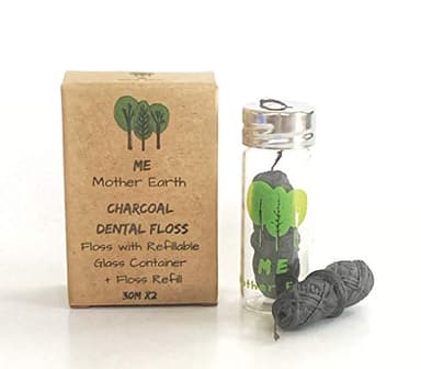 Vegan Biodegradable Bamboo Charcoal Dental Floss with Refillable Glass Container | Free Refill | Natural Candelilla Wax | 30M x2 | Peppermint Essential Oil | Eco Friendly Zero Waste Oral Care