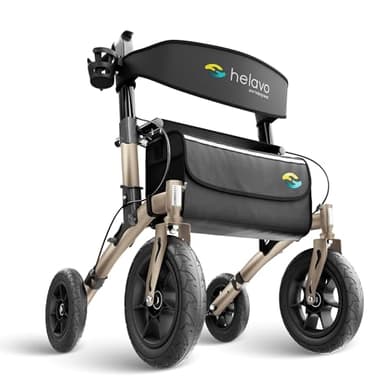Helavo All Terrain Walker Rollator with 12” Pneumatic Tires – Foldable Outdoor Walkers for Seniors with Seat, Lightweight & Adjustable Height, Shock-Absorbing for Comfort on Any Surface