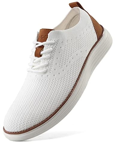 VILOCY Men's Dress Sneakers Oxfords Casual Business Shoes Lace Up Lightweight Walking Knit Mesh Fashion Sneakers White,EU43