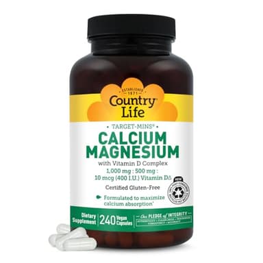 Country Life Target-Mins Calcium Magnesium with Vitamin D-Complex, 1000mg/500mg/10mcg, 240 Vegan Capsules, Certified Gluten Free, Certified Vegan