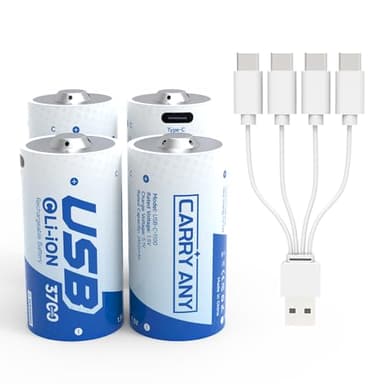 Rechargeable Lithium C Batteries, 3700mWh 1.5V Lithium C Cell Batteries with USB-C 4-in-1 Charging Cable, 1300+ Cycles, LR14 Long-Lasting Batteries for Flashlights, Toys, Radios (4 Pack-C Battery)