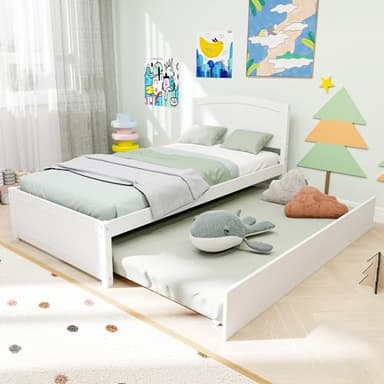 Callales Twin Trundle Bed, Solid Wooden Pull Out Bedframe, Extendable Day Bed with Headboard and Soild Wood Slats Support, Bedroom, Living Room, Guest Room, No Box Spring Needed (White)