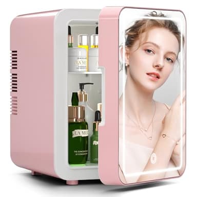 BOGDA Mini Skincare Fridge (4 Liter/6 Can) with Dimmable LED Light Mirror, Cooler and Warmer for Refrigerating Make Up, Skin Care and Food, Portable Mini Fridge for Bedroom, Office and Car, Pink
