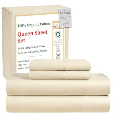 Queen Sheet Set- 100% Organic Cotton Sheets Queen – GOTS & OEKO-TEX Certified Sateen Weave Soft, Breathable & Durable 15" Deep Pocket Cooling Sheets – Sustainable Gift-Ready Packaging- Ivory