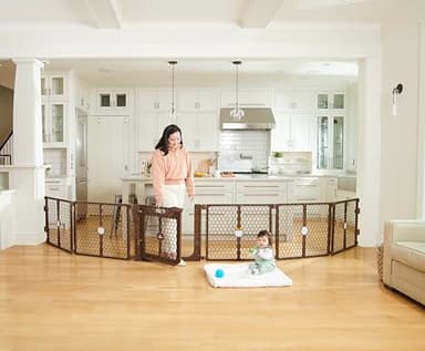 Regalo Safety 192" Super Wide 6-Panel Baby Gate & Play Yard, Plastic 2-in-1 Adjustable Safety Gate with Door, Wall Mounted Room Divider, Includes Wall Mount Kit, Brown