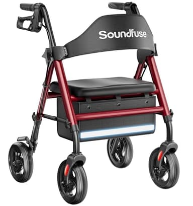 Soundfuse Rollator Walkers with Seat for Seniors, Foldable 8" Big Wheels All Terrain Rolling Walker, Handles and Ergonomic Seat Height Adjustable, 350 lb