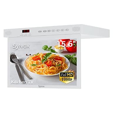 SYLVOX 15.6" Under Cabinet Smart TV – 360° Rotation, 90° Flip-Down Screen, Wireless Connectivity, Space-Saving Design for Kitchen, Bedroom, or RV. (Pure White)