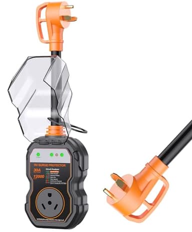 GEARGO 𝟑𝐭𝐡-𝐆𝐞𝐧 RV Surge Protectors 30 Amp, 𝐋𝐚𝐭𝐞𝐬𝐭 RV Circuit Analyzer, IP68 Surge Voltage Protection, RV Adapter Plug for Camper (Orange)