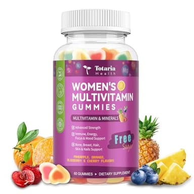 Totaria Sugar Free Womens Multivitamin Gummies with Iron, Women's Multivitamin w/Vitamins C, D3 K2, B12, B6, Filled Gummies for Daily Nutritional Support| Immune Support| Skin Health, Mixed Flavors