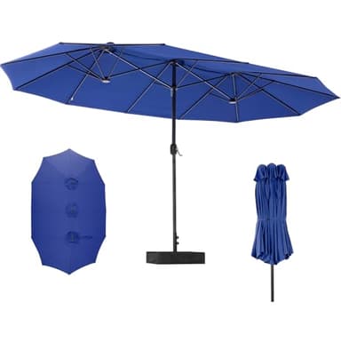 DUMOS 15FT Large Patio Umbrella with Base Included, Heavy Duty Extra Wide Outside Umbrella with 12 Ribbed Bars, Rectangle Outdoor Table Umbrella for Patio, Backyard, Pool, Deck & Garden, Blue
