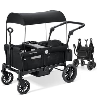 ELEMARA Foldable Stroller Wagon for 2 Kids, Premium All Terrain Wagon for Kids, Cart w/Removable Canopy, Adjustable Push/Pull Handle, Harnesses, Large Storage Bag, Black