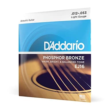 D'Addario Acoustic Guitar Strings, Phosphor Bronze, EJ16, Light Gauge 12-53, 6-String Set, Pack of 1