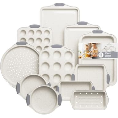 11-Piece Nonstick Baking Pans Set, Stackable Non Toxic Bakeware Sets with Cookie Sheets, Cake Pan, Loaf Pan, Pizza Pan, Muffin Pan, White&Gray