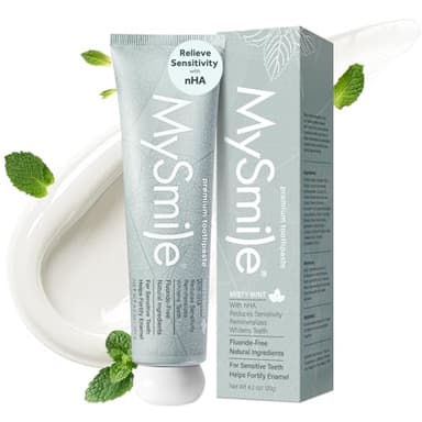 MySmile Fluoride Free Nano Hydroxyapatite Toothpaste for Sensitive Teeth, Strengthens Enamel, Remineralizes & Whitens Teeth, Freshens Breath for Adults, SLS Free, Natural Misty Mint, 4.2 oz