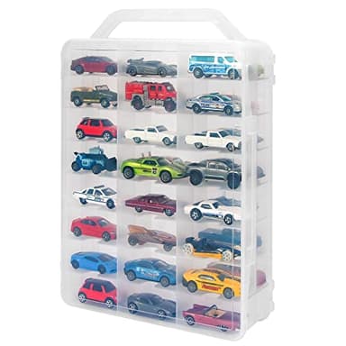 KISLANE Double Sided Storage Case for 48 Toy Cars, Matchbox Cars, Portable Transparent Storage Case with 48 Compartments, Case Only (Transparent)…