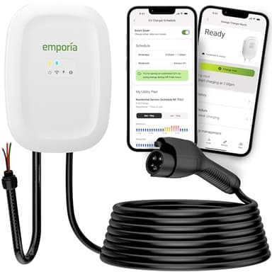 EMPORIA Level 2 EV Charger w/ J1772 Charger, 48 amp, Preconfigured for Hardwired Install with Whip, WiFi Enabled EVSE Level 2 Charger, 25ft Cable, White