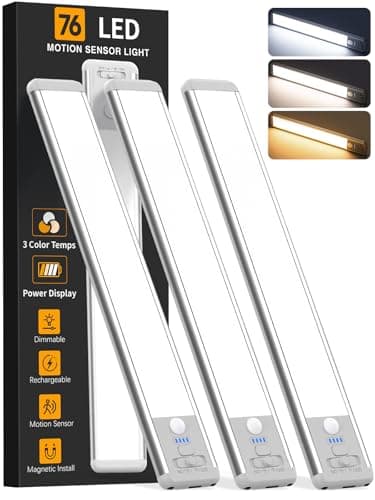 Under Cabinet Lighting Wireless, Rechargeable Motion Sensor Light Indoor, 3 Color Dimmable Closet Light Battery Operated with LED Power Display, Magnetic Under Counter Lights for Kitchen, Home (3Pack)