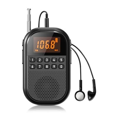 Pocket AM FM Radio:1100mAh Rechargeable Radio Supports Bluetooth, Mini FM AM Receiver with Large Speaker, Stereo Earphone, Sleep Timer, Easy to use for Jogging, Walking Black