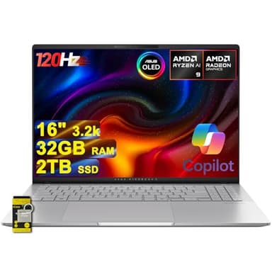 ASUS Vivobook S16 AI Laptop 16" 3.2k OLED 120Hz (600nits 100% DCI-P3) AMD 10-core Ryzen AI 9 365 (Up to 50 Tops) 32GB RAM 2TB SSD for Creator Designer Business Professional Win11 ICP Hub/Copilot+ AI