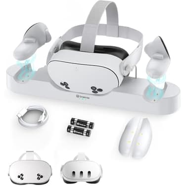 Smatree Charging Dock Compatible for Meta Quest 3S/Quest 3,Charge Controllers and Headset Simultaneously, VR Charging Station with LED Light, with 2 Rechargeable Controller Batteries(NO Adapter)